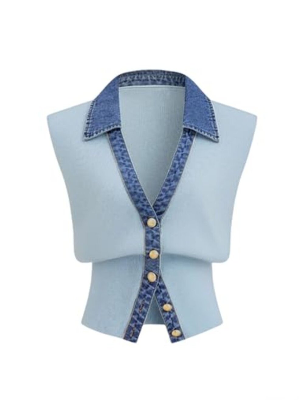 Women's Sleeveless Knit Sweater Vest Crop Tank Top Metallic Buttons Denim Trim